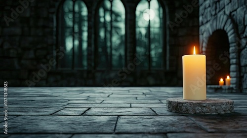 Candle glowing softly in a dark, atmospheric stone room.