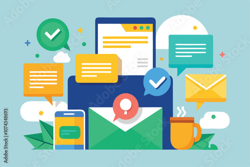 Bright and colorful illustration showcasing various notifications and messages in a digital workspace environment, Flat illustration of a message and notification icon.