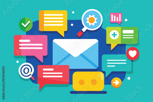 Colorful icons represent messages and notifications against a simple blue backdrop, conveying communication themes, Flat illustration of a message and notification icon.