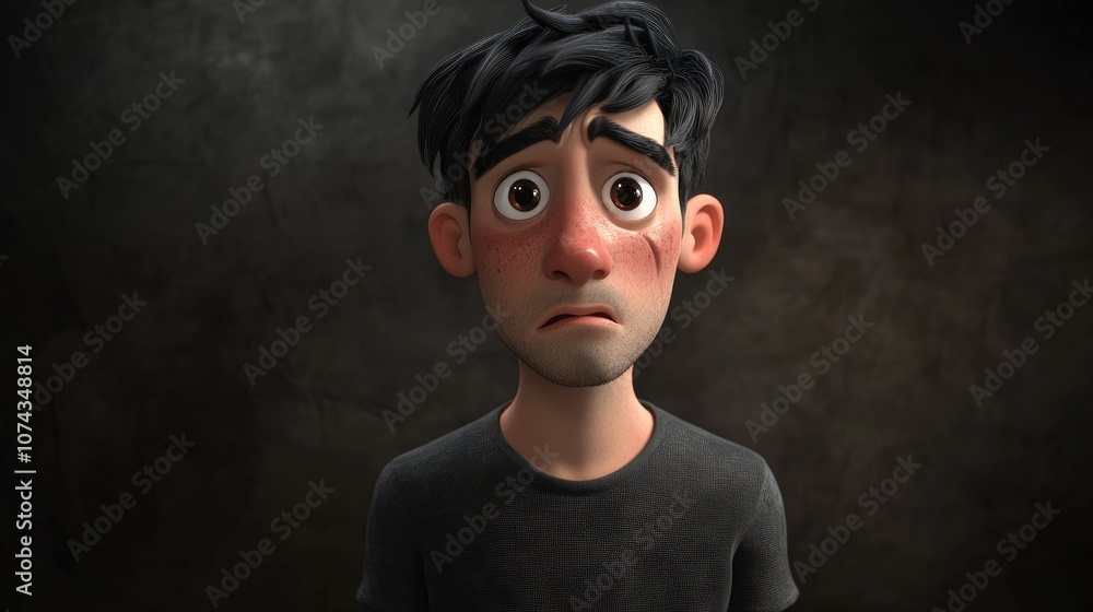 3D Cartoon Portrait of a Young Man with Expressive Emotions Against a Dark Background Depiction of Grief and Mental Struggles 3D Cartoon Portrait of a Young Man with Expressive Emotions Against a Dark Background Depiction of Grief and Mental Struggles