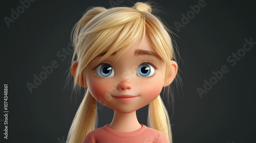 3D cartoon portrait of a playful little blonde girl with blue eyes and a mischievous expression