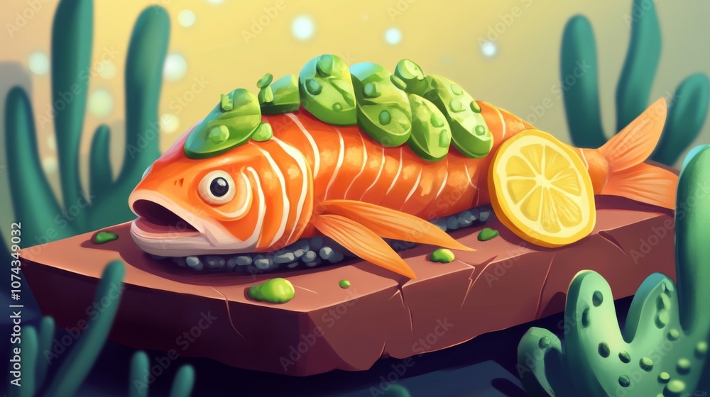 Naklejka premium Fresh salmon tartare with avocado and lemon slices