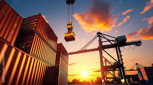 Cargo cranes lifting containers during a vibrant sunset at the port.