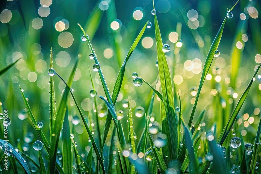 Fototapeta premium Long Exposure Close-Up of Grass with Dewdrops Capturing Nature's Serenity and Tranquility