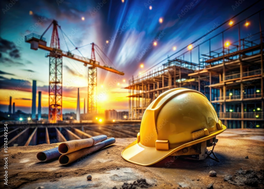 Long Exposure Construction Scene Featuring Hardhat Helmet in Action for Safety Promotion Long Exposure Construction Scene Featuring Hardhat Helmet in Action for Safety Promotion