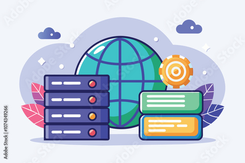 The design features a web hosting server icon and a globe, symbolizing global online presence and connectivity, Flat illustration of a web hosting icon and earth globe image.
