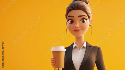 3D Cartoon of a Businesswoman with Takeaway Coffee against a Bright Background