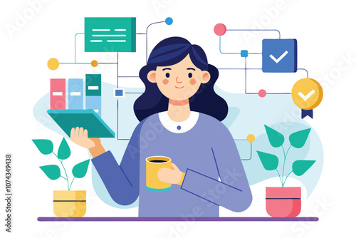 A woman holds a cup of coffee in one hand and a tablet in the other, surrounded by plants and digital elements, Flat illustration of a woman holding coffee and a flowchart.