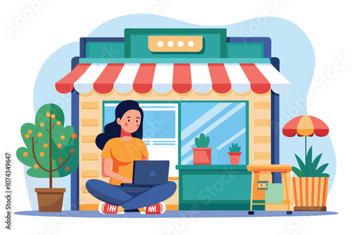 A woman sits cross-legged with a laptop in front of a , enjoying the sunny day and greenery, Flat illustration of a woman sitting in front of a store with a laptop.