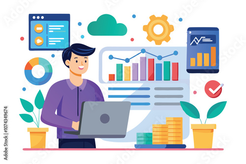 A data analyst engages with charts and graphs while using a laptop amidst charts and plants, Flat illustration of an analyst data set icon.