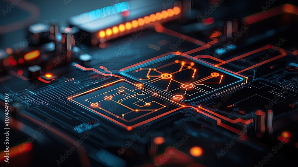 Close-up view of an intricate circuit board with glowing circuitry. Close-up view of an intricate circuit board with glowing circuitry.