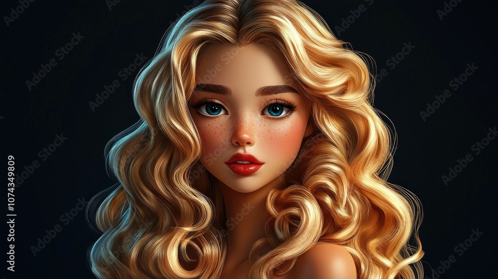 3D Cartoon Portrait of a Stylish Young Blonde with Long Curls and Party Makeup Set Against a Dark Background 3D Cartoon Portrait of a Stylish Young Blonde with Long Curls and Party Makeup Set Against a Dark Background