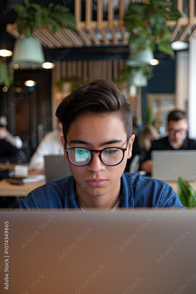 Young person learning to code on a laptop at a trendy workspace Young person learning to code on a laptop at a trendy workspace