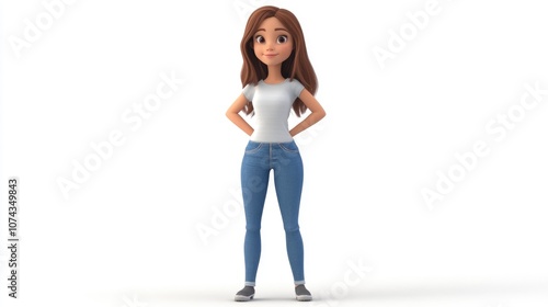 3D cartoon of a young beautiful brunette girl in blue jeans standing against a white background