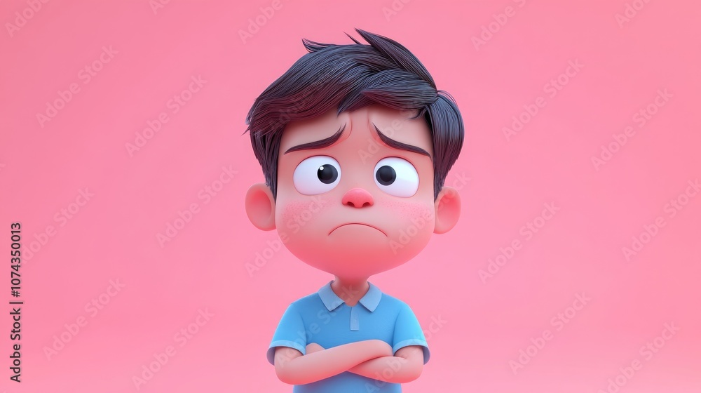 3D cartoon of a sad little boy in a blue shirt on a pink background 3D cartoon of a sad little boy in a blue shirt on a pink background