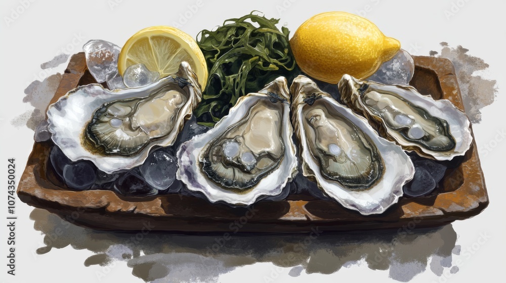 Fresh oysters served with lemon, ice, and seaweed Fresh oysters served with lemon, ice, and seaweed