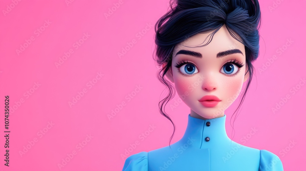 Adorable lady in stylish blue attire showcasing empty space for announcements isolated on vibrant pink backdrop Adorable lady in stylish blue attire showcasing empty space for announcements isolated on vibrant pink backdrop