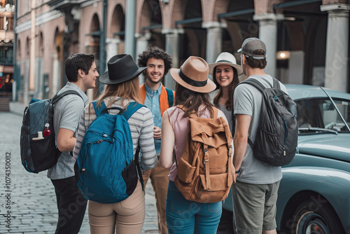 Group of Gen Z travelers exploring a new city together photo