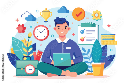 A young individual sits cross-legged with a laptop, focused on task management in a vibrant setting, Flat illustration of managing time, self, and personal tasks.