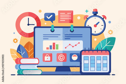 A digital presentation displays data visuals, a calendar, and time management tools for productivity, Flat illustration of presentation with data, calendar, and time.