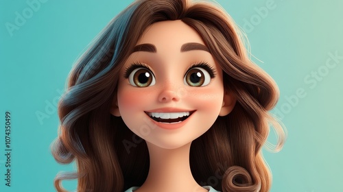3D cartoon portrait of a cheerful young woman with brown hair