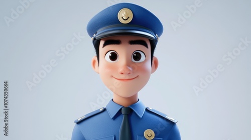 Asian man in blue uniform showcasing a confident expression against a clean white background