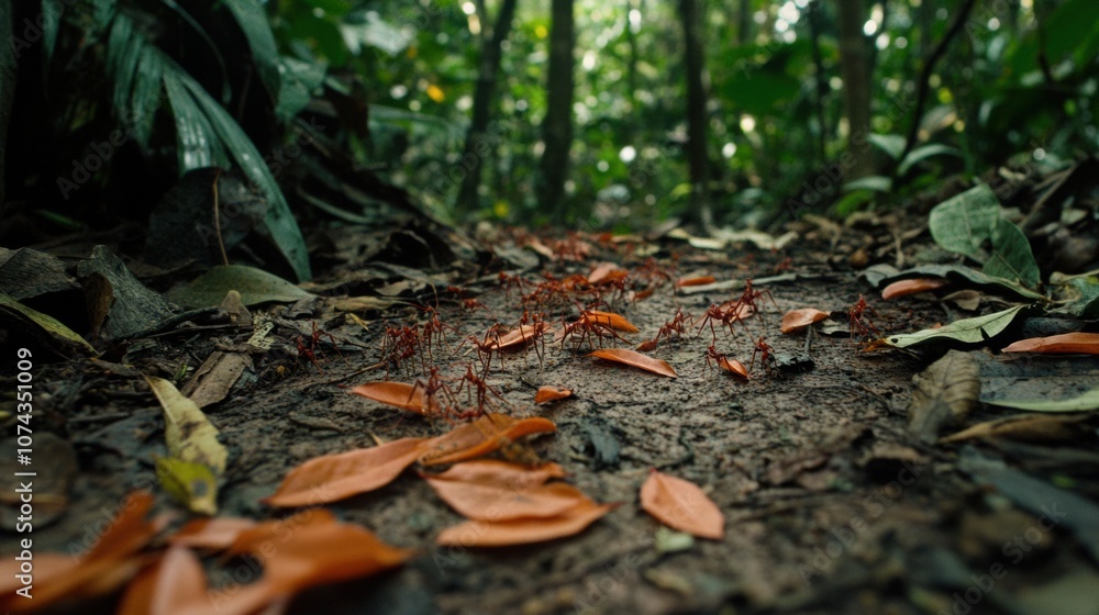 Leafcutter Ants Transporting Leaf Pieces in Forest Leafcutter Ants Transporting Leaf Pieces in Forest