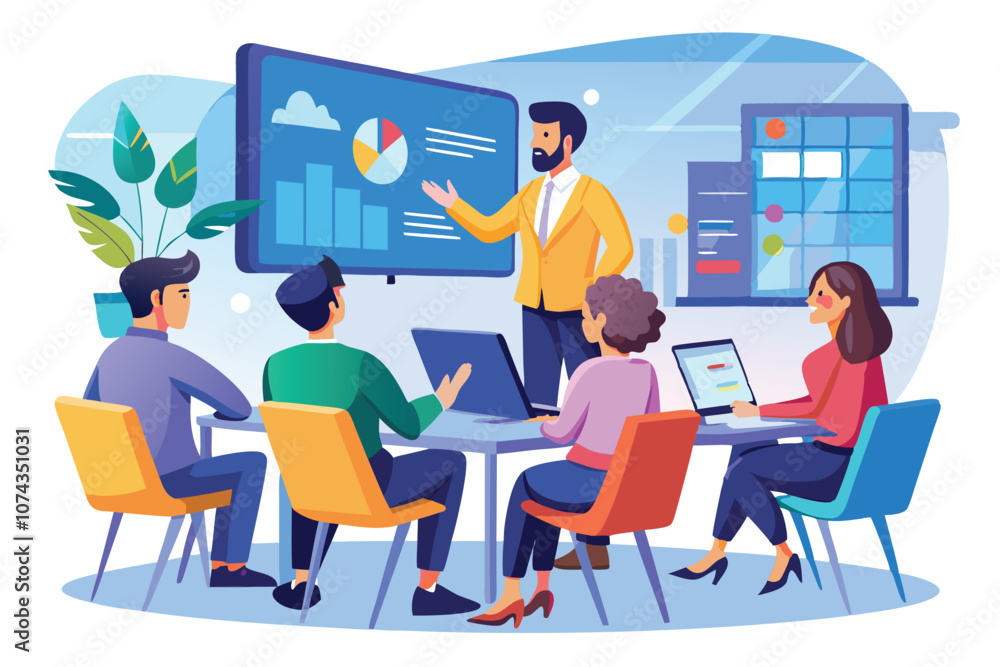 A group participates in an interactive business training session led by a presenter, Flat vector illustration of business training. A group participates in an interactive business training session led by a presenter, Flat vector illustration of business training.