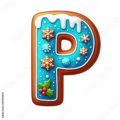 Christmas themed uppercase letter P with gingerbread cookie isolated on white background.