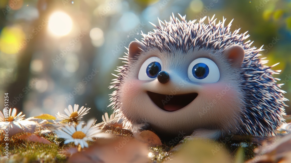 Happy 3D Cartoon Hedgehog Rolling in the Grass Happy 3D Cartoon Hedgehog Rolling in the Grass