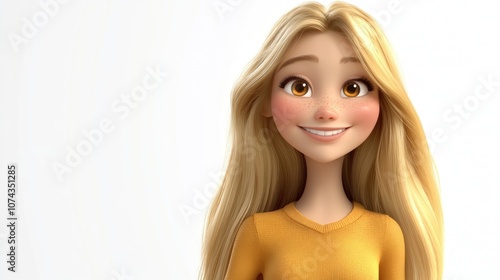 3D Cartoon of a lovely young blonde woman with long hair smiling at the camera Isolated with room for text
