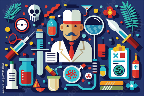 This illustration features a forensic medicine setting with various lab tools and specimens displayed prominently, Forensic medicine illustration, customizable and flat.