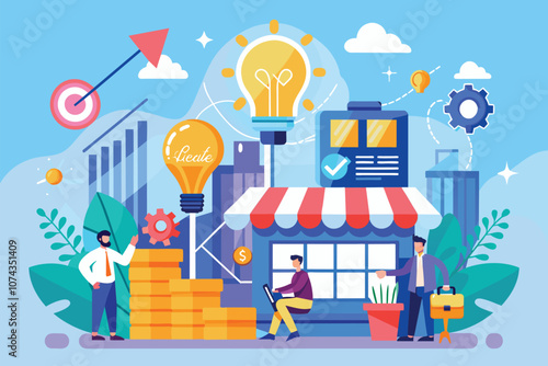 Business professionals brainstorm ideas for franchise growth in an urban setting with visual elements, Franchise business growth and expansion ideas, illustrated in a flat concept.