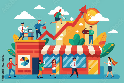 Business team collaborates on strategies for scaling franchise marketing efforts in a lively environment, Franchise business scale and expand marketing with flat illustration.