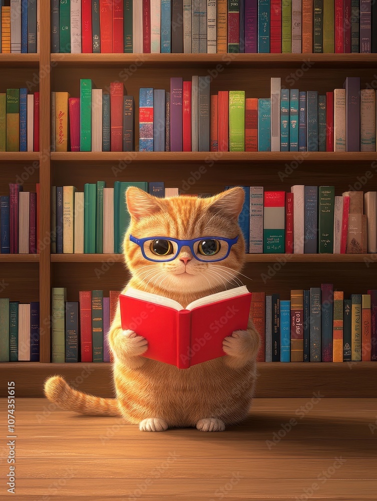 Curious cat embraces knowledge by reading a book in a cozy library setting Curious cat embraces knowledge by reading a book in a cozy library setting