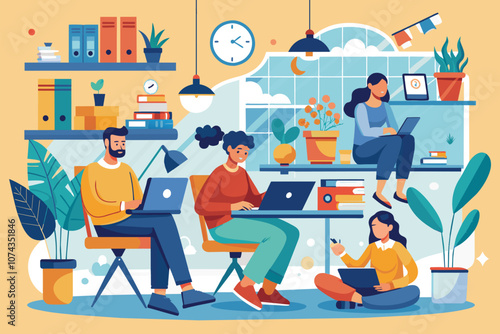 Freelancers engage in collaborative work at home, focused on digital design and creativity throughout the day, Freelancers work from home, creating flat illustrations.