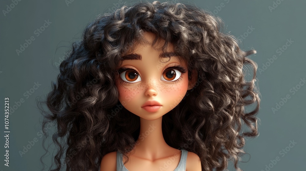 3D Cartoon of a Beautiful Curly Woman Shy and Isolated on a Gray Background 3D Cartoon of a Beautiful Curly Woman Shy and Isolated on a Gray Background