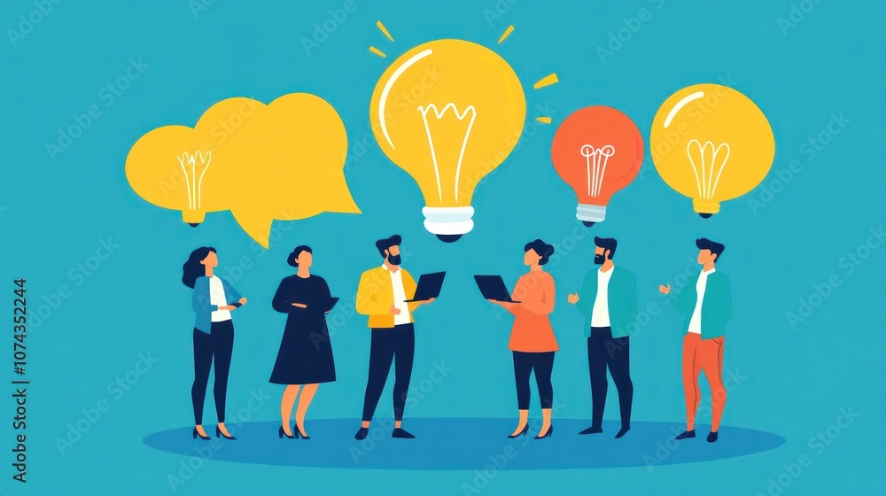 A group of people discussing ideas, represented by light bulbs and speech bubbles. A group of people discussing ideas, represented by light bulbs and speech bubbles.