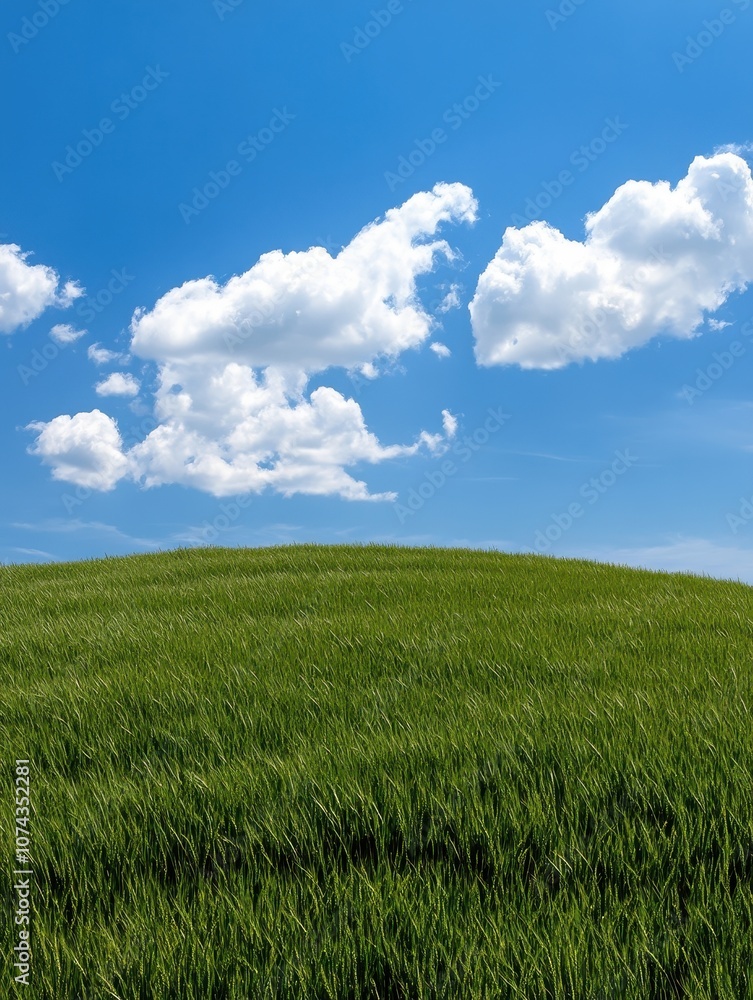 Vibrant green grass hills under a bright blue sky adorned with fluffy white clouds for nature enthusiasts Vibrant green grass hills under a bright blue sky adorned with fluffy white clouds for nature enthusiasts