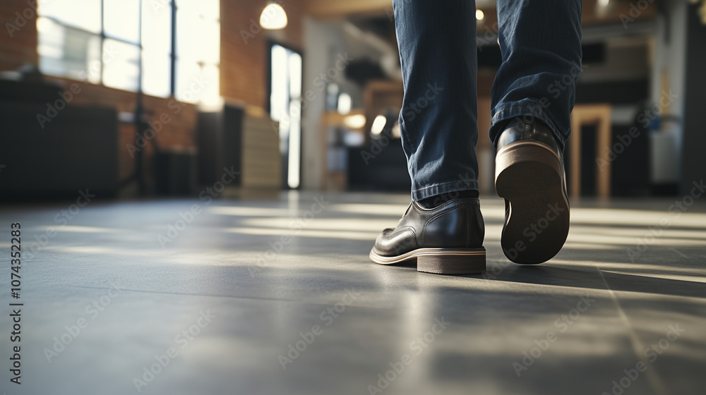 Naklejka premium Office worker taking a break to do stretches in a modern office setting, promoting work-life balance and physical well-being in the workplace