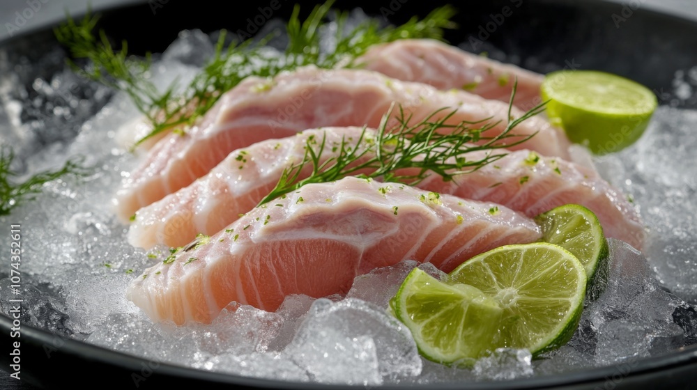 Raw fish assortment on ice with herbs and lime Raw fish assortment on ice with herbs and lime