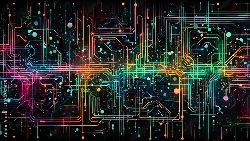 A vibrant digital circuit design with colorful lines and dots representing technology. A vibrant digital circuit design with colorful lines and dots representing technology.