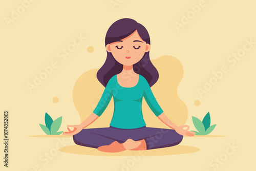 The girl sits cross-legged, eyes closed, focusing on her breath in a tranquil environment, Girl meditating on floor with hands on knees, flat illustration.