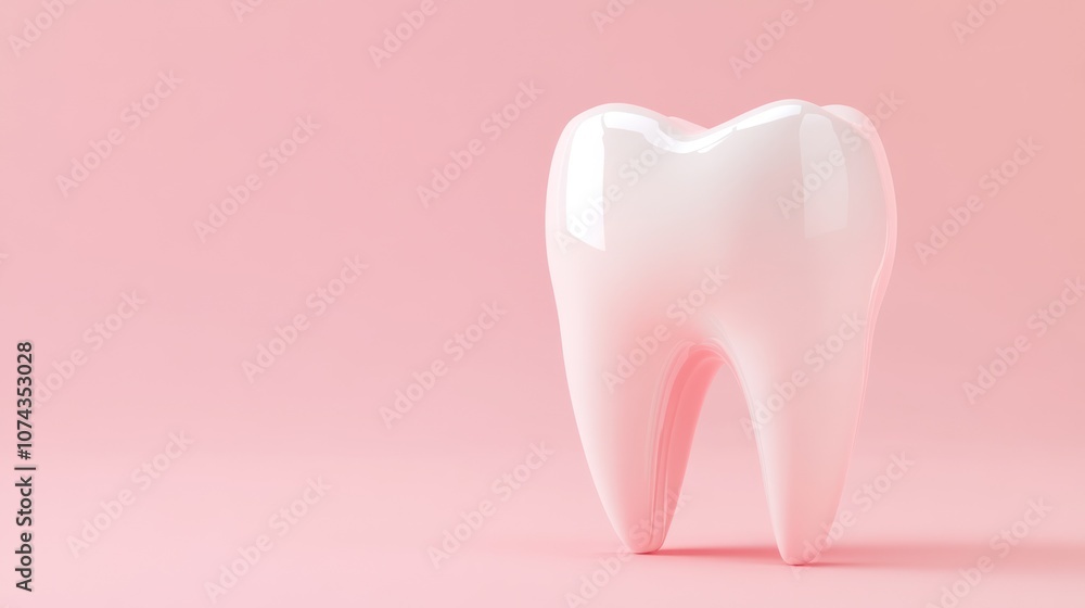 A glossy, stylized tooth on a soft pink background, symbolizing dental health and hygiene. A glossy, stylized tooth on a soft pink background, symbolizing dental health and hygiene.