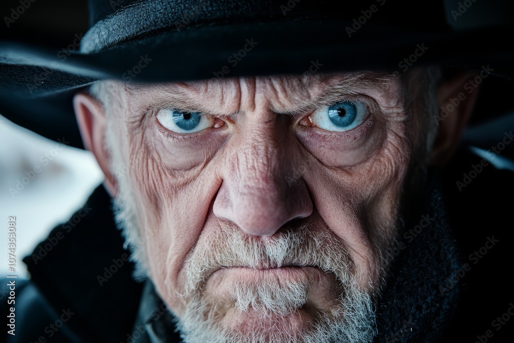 A close up of an old man wearing a black hat A close up of an old man wearing a black hat