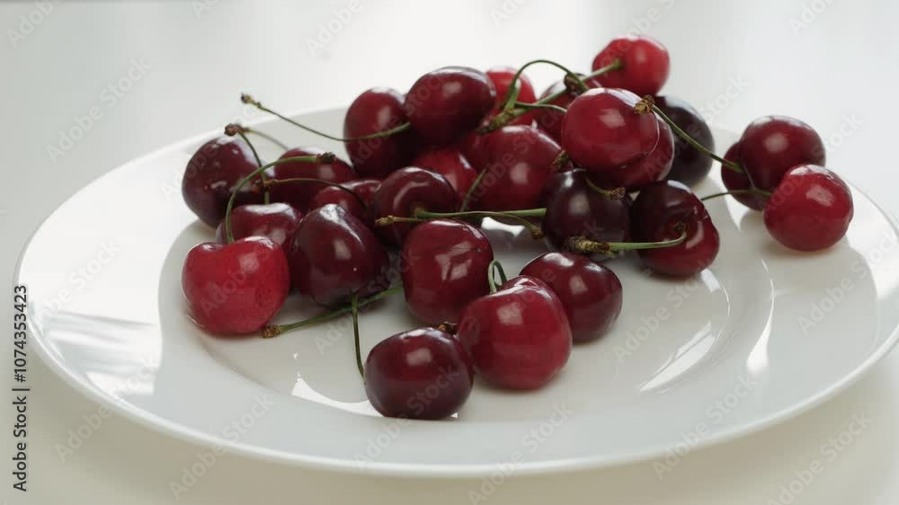 A Plate with Fresh Red and Sweet Cherry Fruits on the Table, a Healthy Vegan Desert. A Plate with Fresh Red and Sweet Cherry Fruits on the Table, a Healthy Vegan Desert.