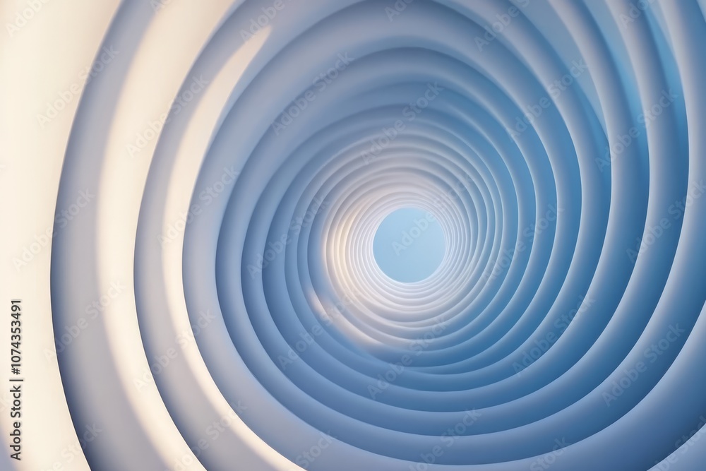 Fototapeta premium A blue and white spiral tunnel with a light at the end