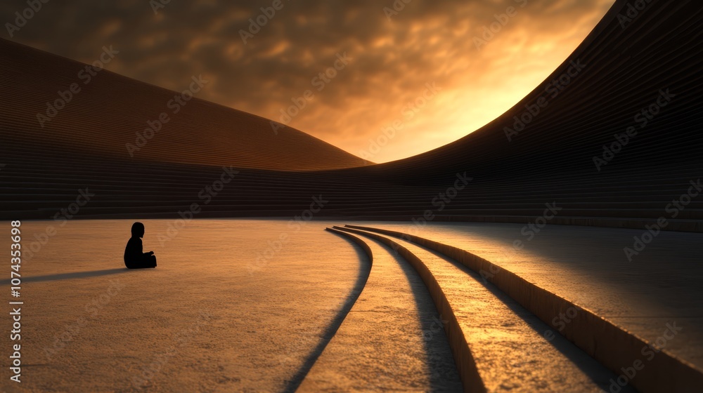 Obraz premium A person sitting on the ground in front of a sunset