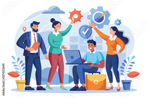 A group of diverse professionals collaborates in an office, sharing ideas and using technology for teamwork, Good managers promote teamwork.