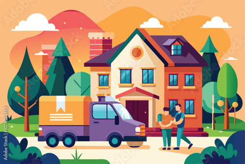 A delivery truck is parked in front of a house as two people unload packages at dusk, Goods delivered to the front of the house illustration